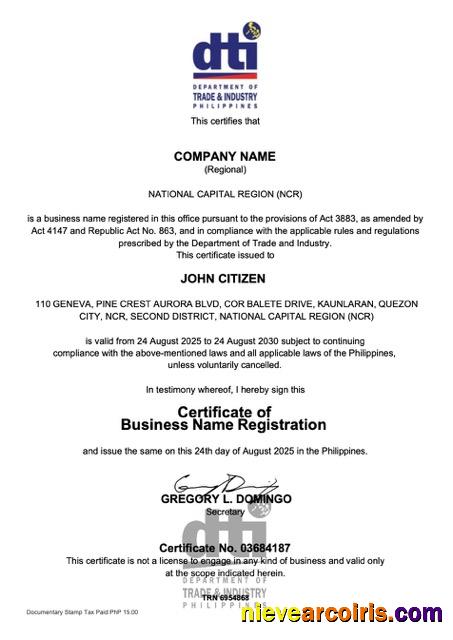 Philippines certificate of business name registration version 2